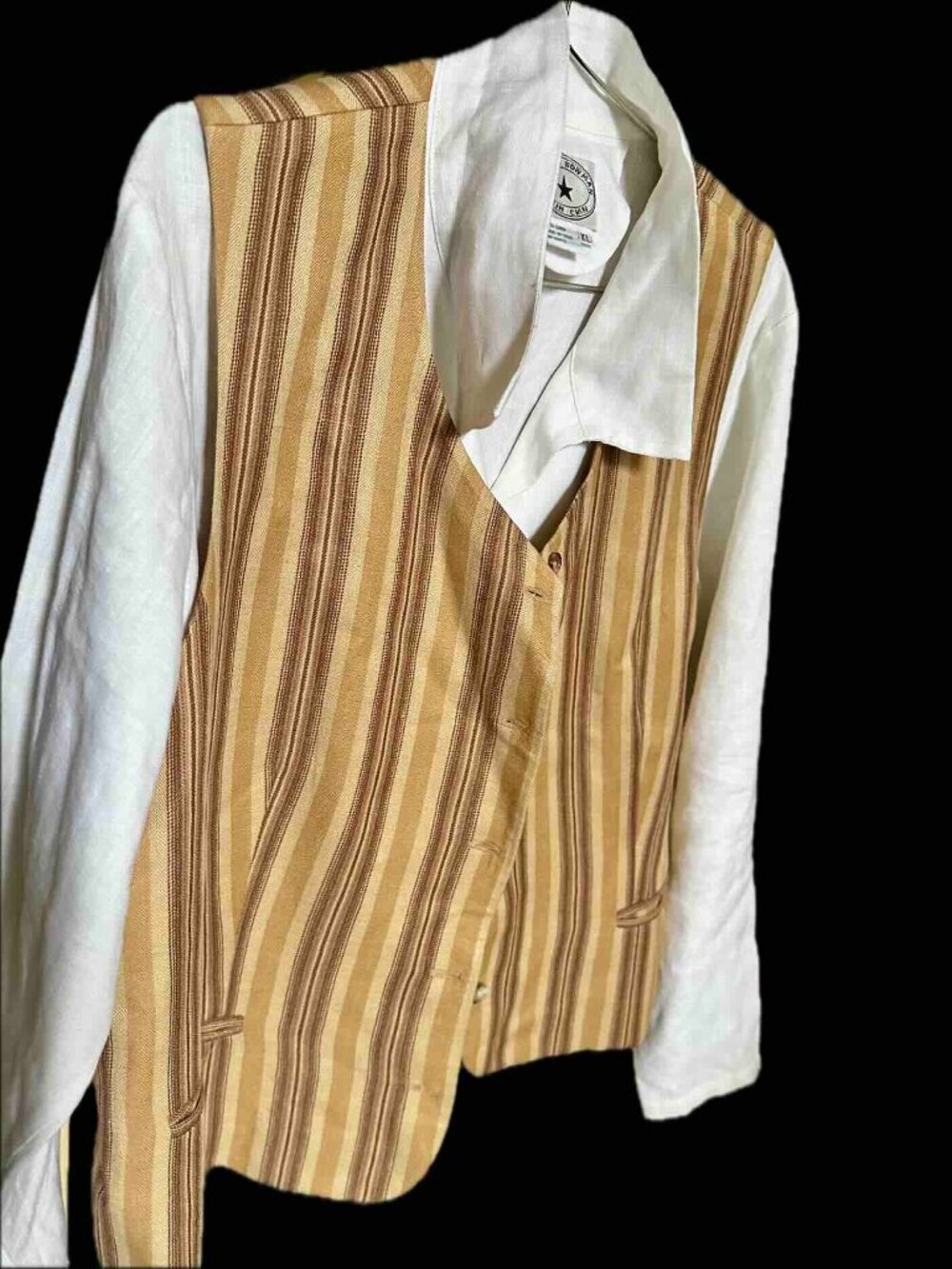 Vintage Rena Rowan Saville Vest Linen Lined XL 16 Like New Striped TanBrown - Picture 13 of 16